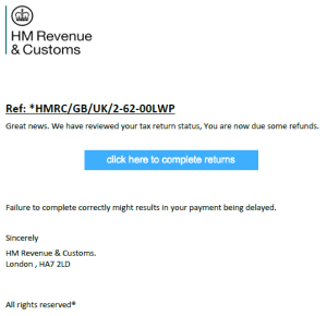 Fake HMRC PDF attachment with a disguised link to a compromised website hosting a fake tax refund form